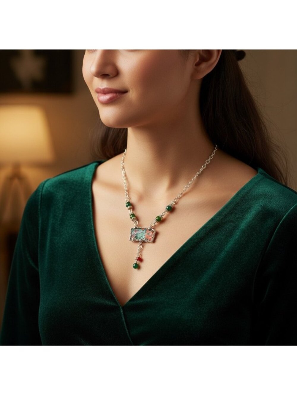 Lena Liu Hummingbird Broken China Pendant  Bezel Red & Green Quartz Necklace - Picture 15 of 15